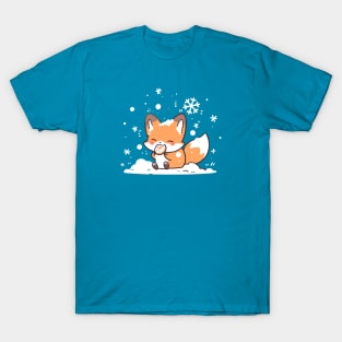 A cute fox eating a cookie under the snow T-Shirt